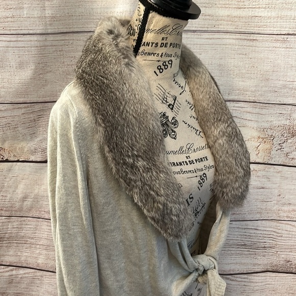 525 America Silk & Cashmere Sweater Cardigan Detachable Rabbit Fur Collar Gray - Picture 3 of 8